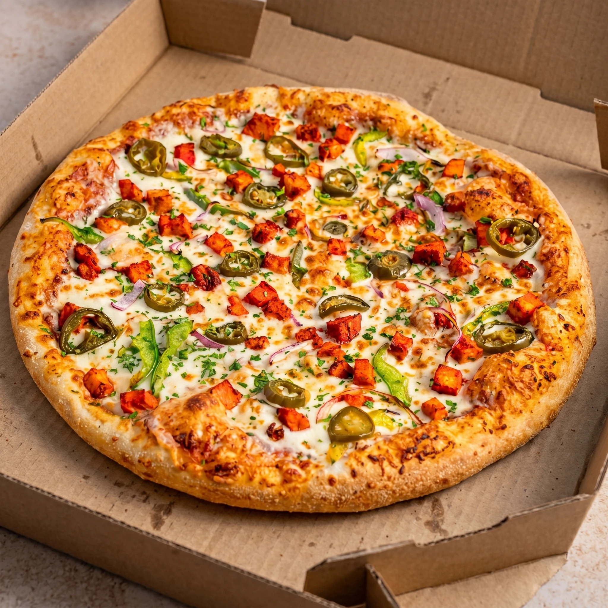 Delicious Spicy Chicken Pizza at Fort Road Pizza and Donair in northeast Edmonton, AB